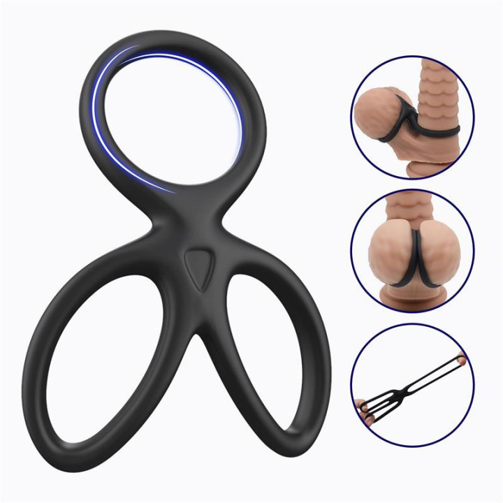 Anneau Triple Pénis et Testicules Silicone Liquide Flexible