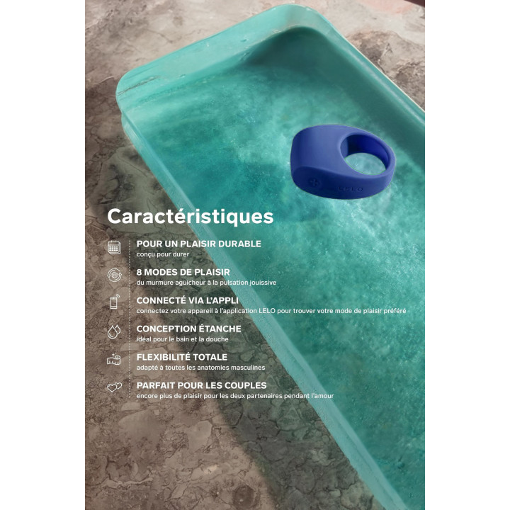 Lelo Tor 3 bleu, cockring vibrant connecté